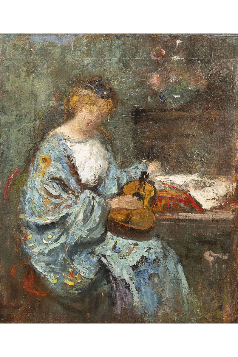 Femme à La Robe Bleue Avec Mandoline. Jacques Martin, Début XXe-photo-3