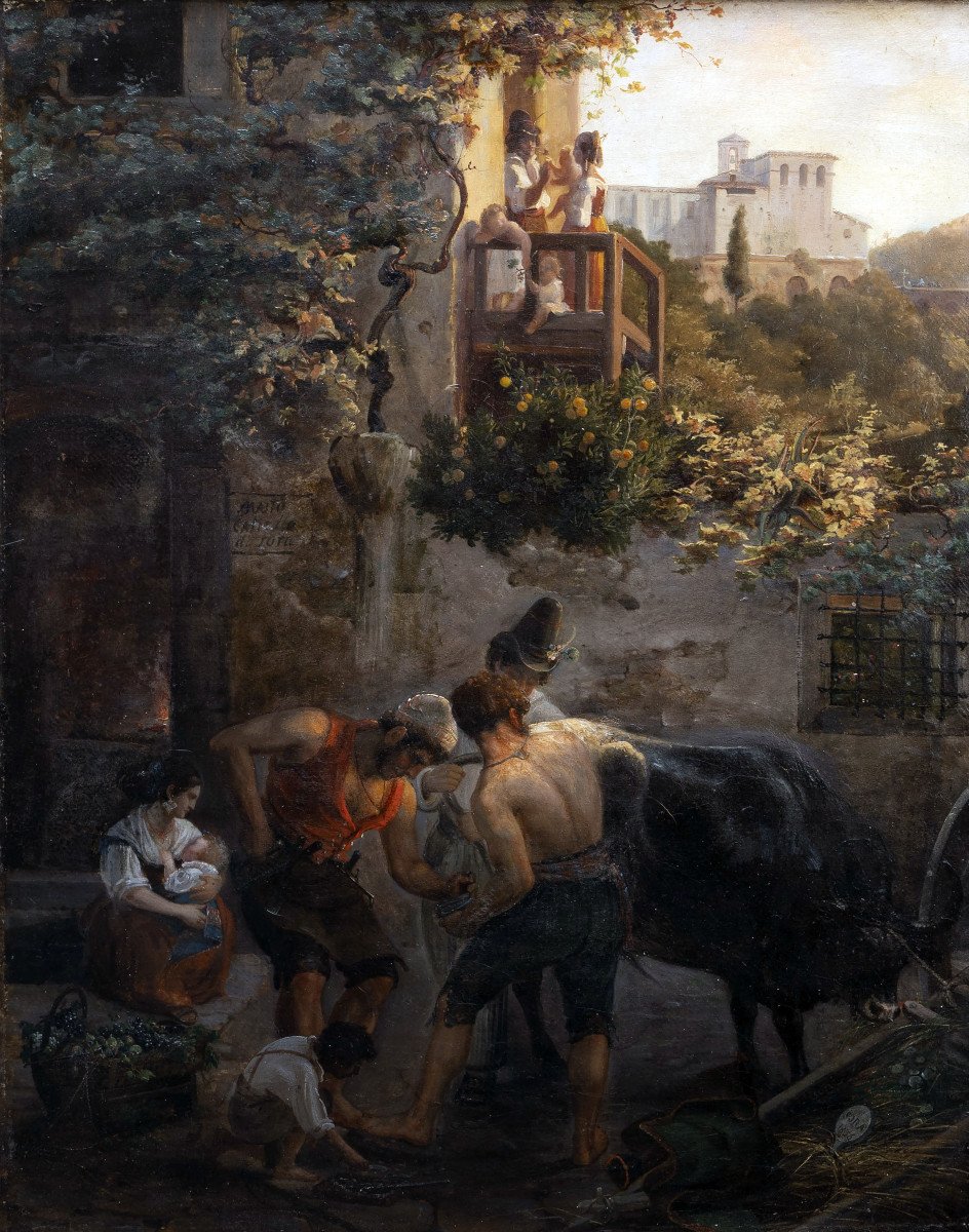 Italie - Scène Animée De Village Italien - Signé G. Visone – Daté 1836