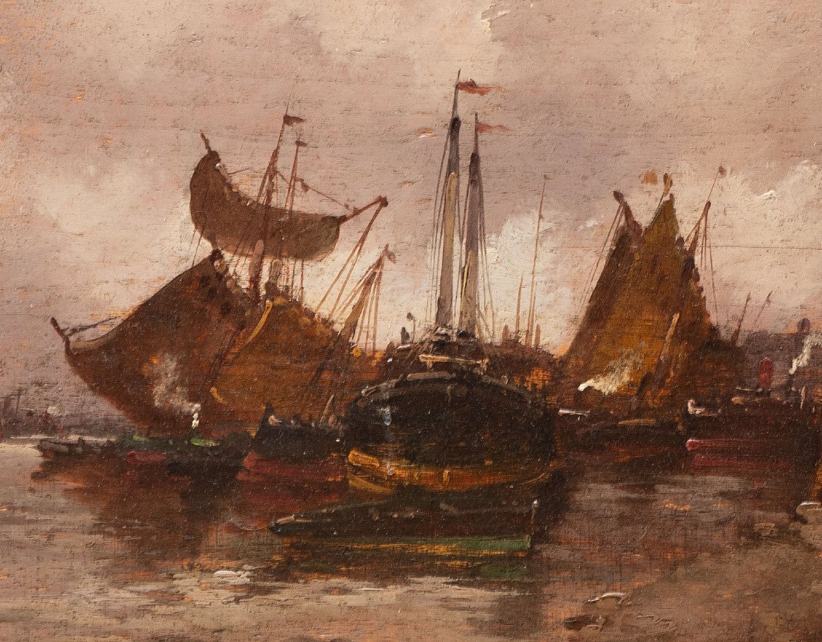 Marine : Voiliers Au Port. Eugène Galien-Laloue - Signé A Granval (pseudonyme), Début XXe-photo-2