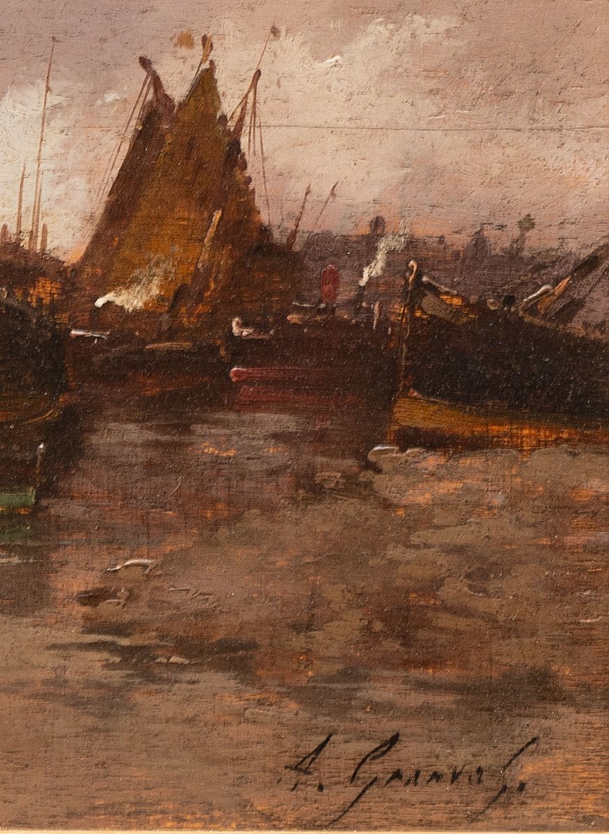 Marine : Voiliers Au Port. Eugène Galien-Laloue - Signé A Granval (pseudonyme), Début XXe-photo-3