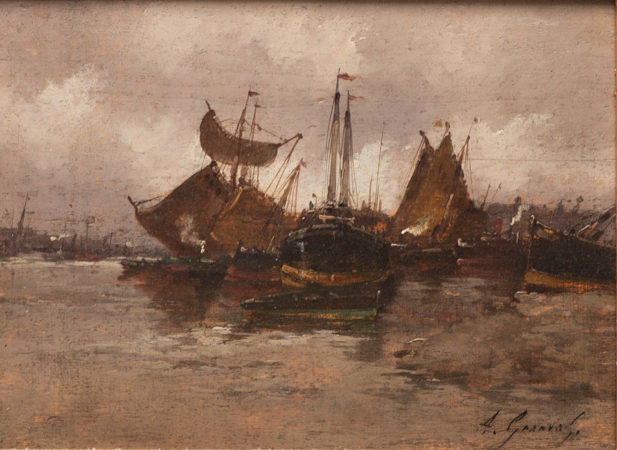 Marine : Voiliers Au Port. Eugène Galien-Laloue - Signé A Granval (pseudonyme), Début XXe