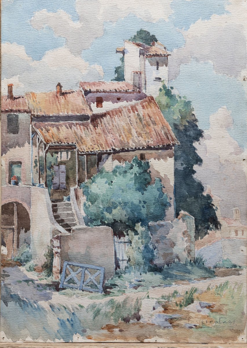 Provence - Nicolas F.  – Maison Provençale Au Toit De Tuiles - Aquarelle – Signée -photo-3