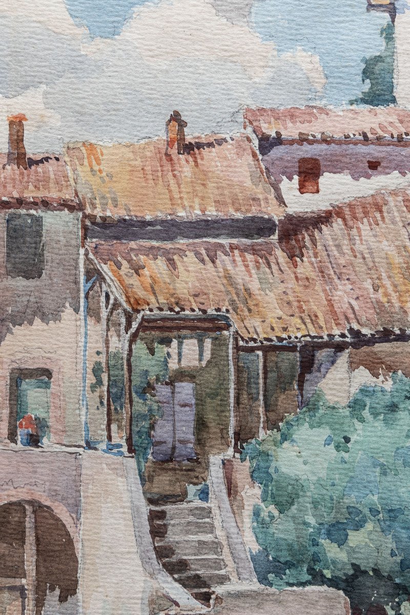 Provence - Nicolas F.  – Maison Provençale Au Toit De Tuiles - Aquarelle – Signée -photo-1