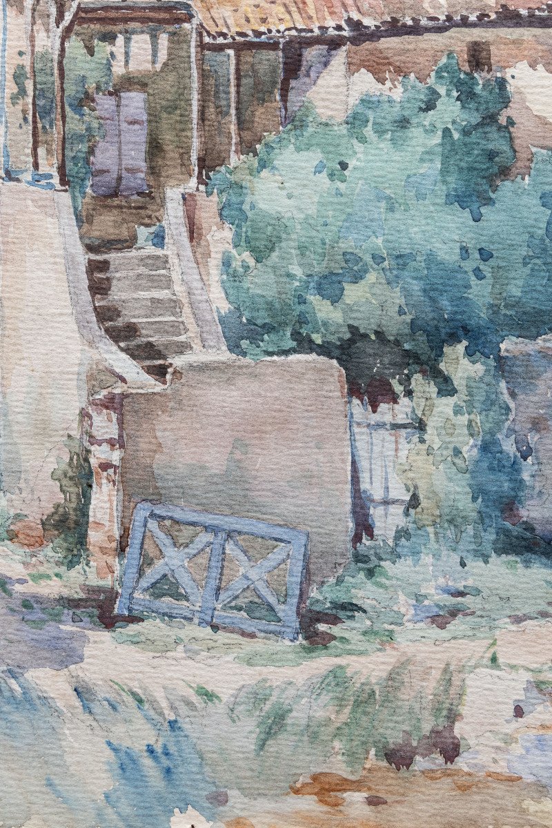 Provence - Nicolas F.  – Maison Provençale Au Toit De Tuiles - Aquarelle – Signée -photo-3