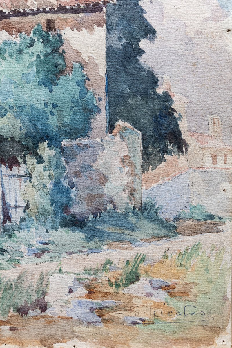 Provence - Nicolas F.  – Maison Provençale Au Toit De Tuiles - Aquarelle – Signée -photo-4