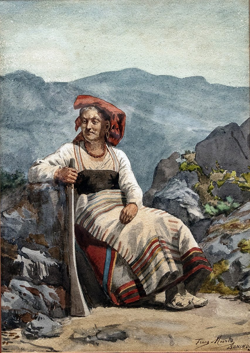 Meerts Franz (belgium, 1836-1896) – Italian Peasant Woman – Watercolor – Signed