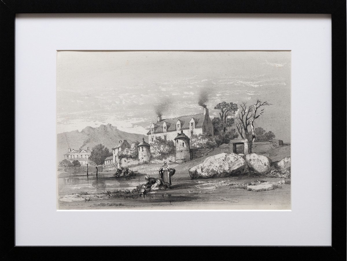 Noel Jules – Animated Scene: Washerwomen In Front Of A Manor – Pencil Drawing – Circa 1848-photo-2