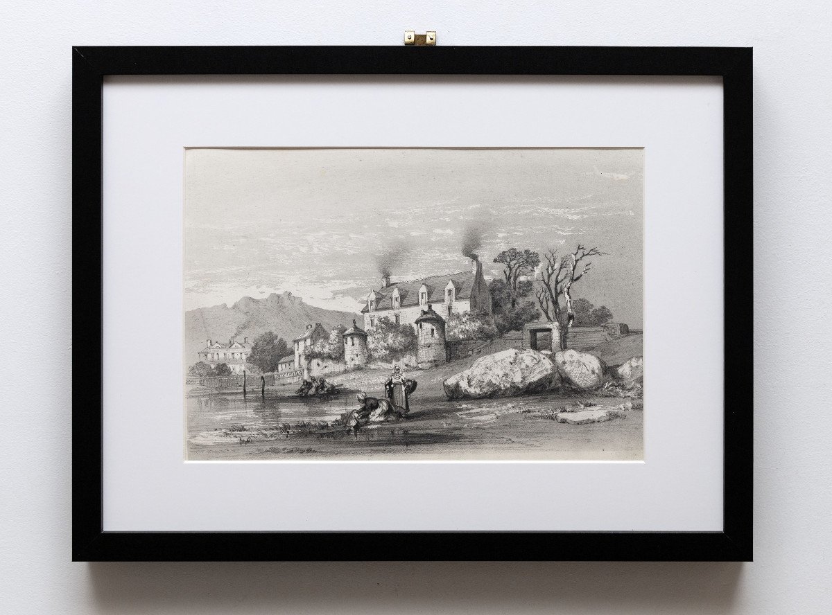 Noel Jules – Animated Scene: Washerwomen In Front Of A Manor – Pencil Drawing – Circa 1848-photo-1