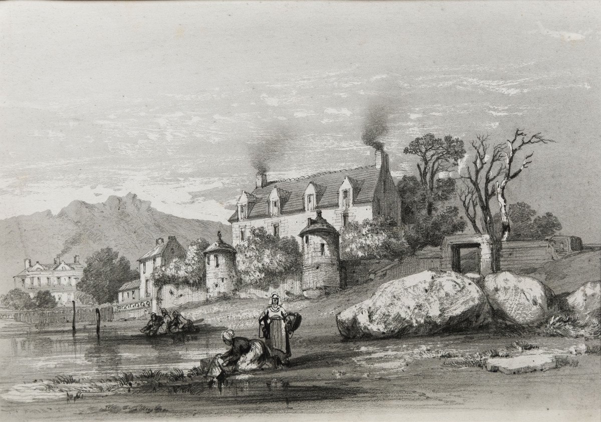 Noel Jules – Animated Scene: Washerwomen In Front Of A Manor – Pencil Drawing – Circa 1848