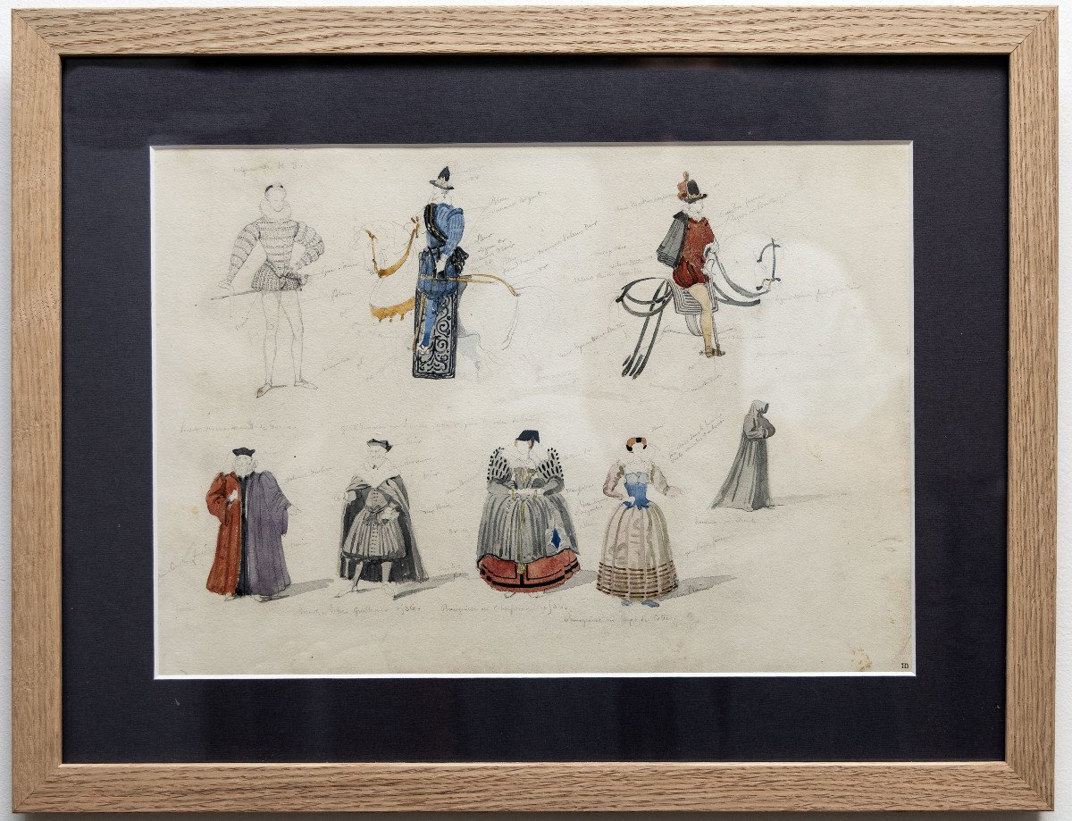 Delaroche Paul – Personnages Costumés – Dessins Aquarellés, Feuille 1 – Circa 1830 - Monogrammé-photo-2