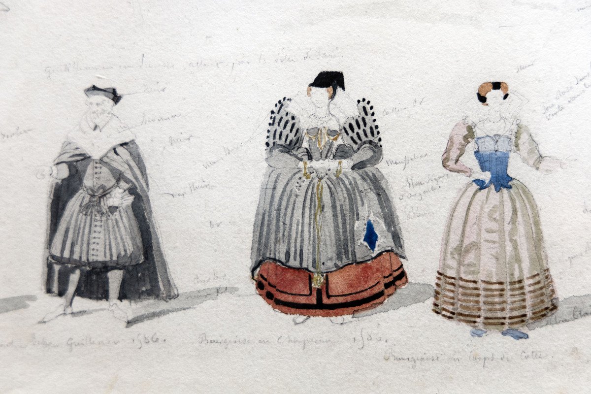 Delaroche Paul – Personnages Costumés – Dessins Aquarellés, Feuille 1 – Circa 1830 - Monogrammé-photo-3