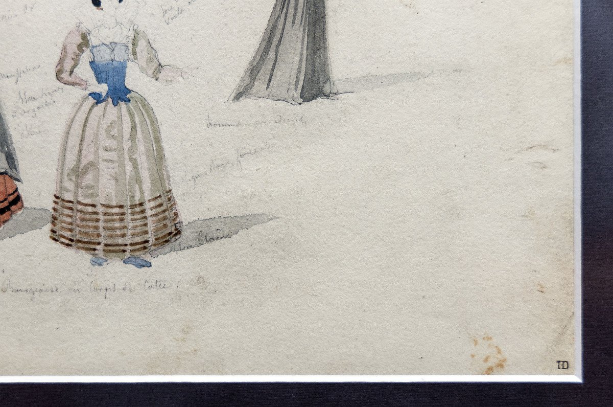 Delaroche Paul – Personnages Costumés – Dessins Aquarellés, Feuille 1 – Circa 1830 - Monogrammé-photo-4