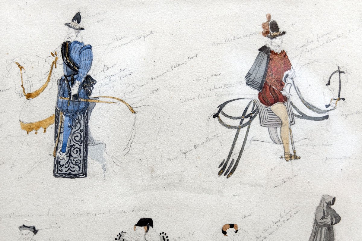 Delaroche Paul – Personnages Costumés – Dessins Aquarellés, Feuille 1 – Circa 1830 - Monogrammé-photo-1