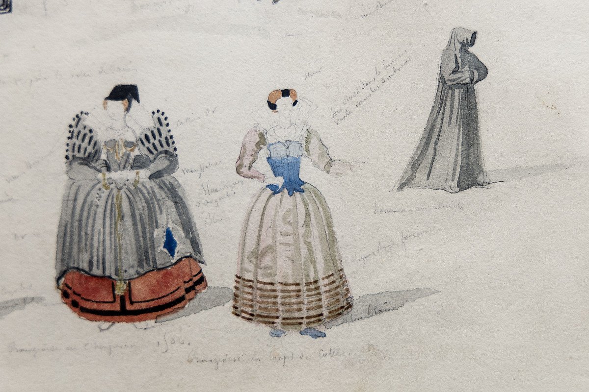 Delaroche Paul – Personnages Costumés – Dessins Aquarellés, Feuille 1 – Circa 1830 - Monogrammé-photo-2