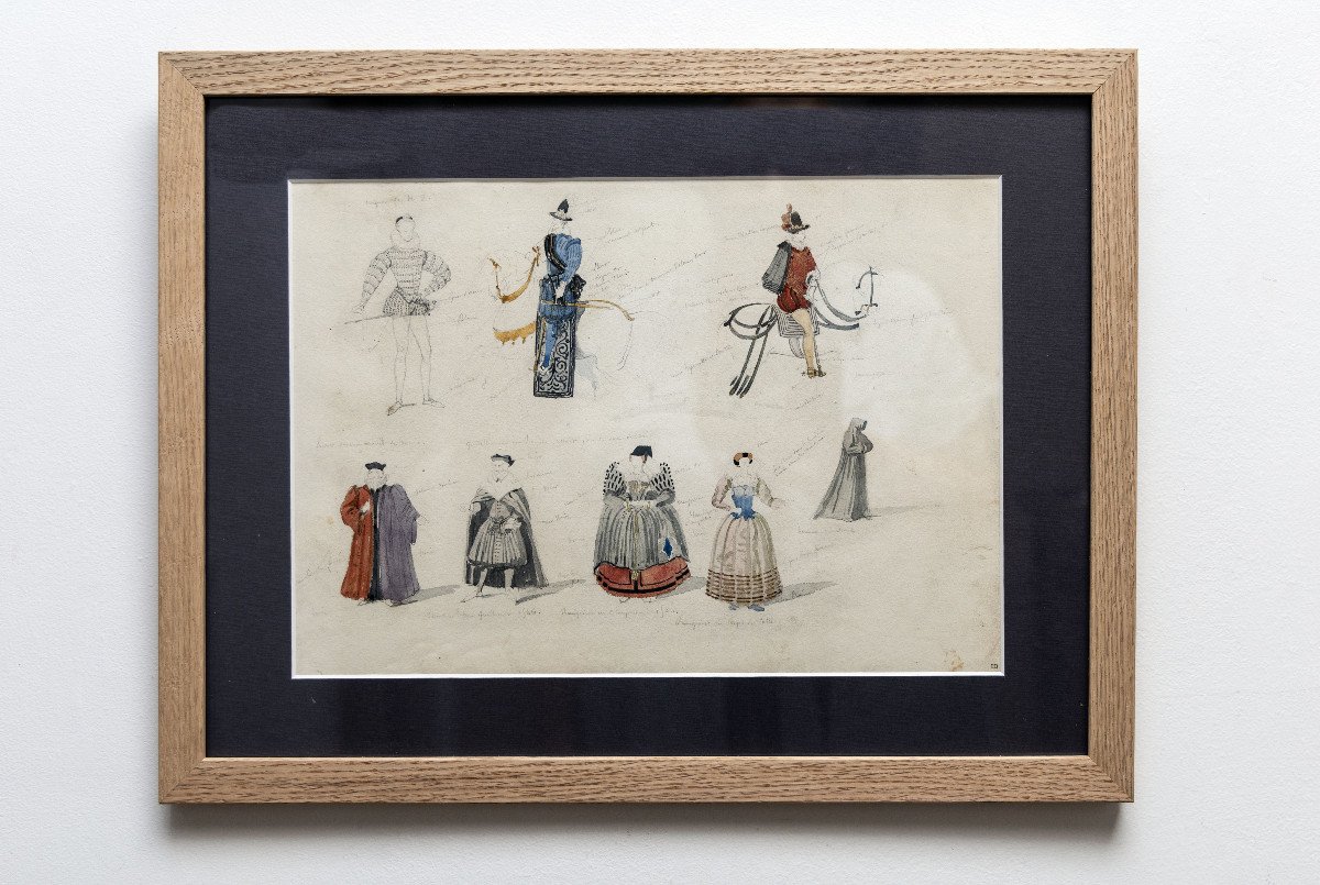 Delaroche Paul – Personnages Costumés – Dessins Aquarellés, Feuille 1 – Circa 1830 - Monogrammé-photo-4