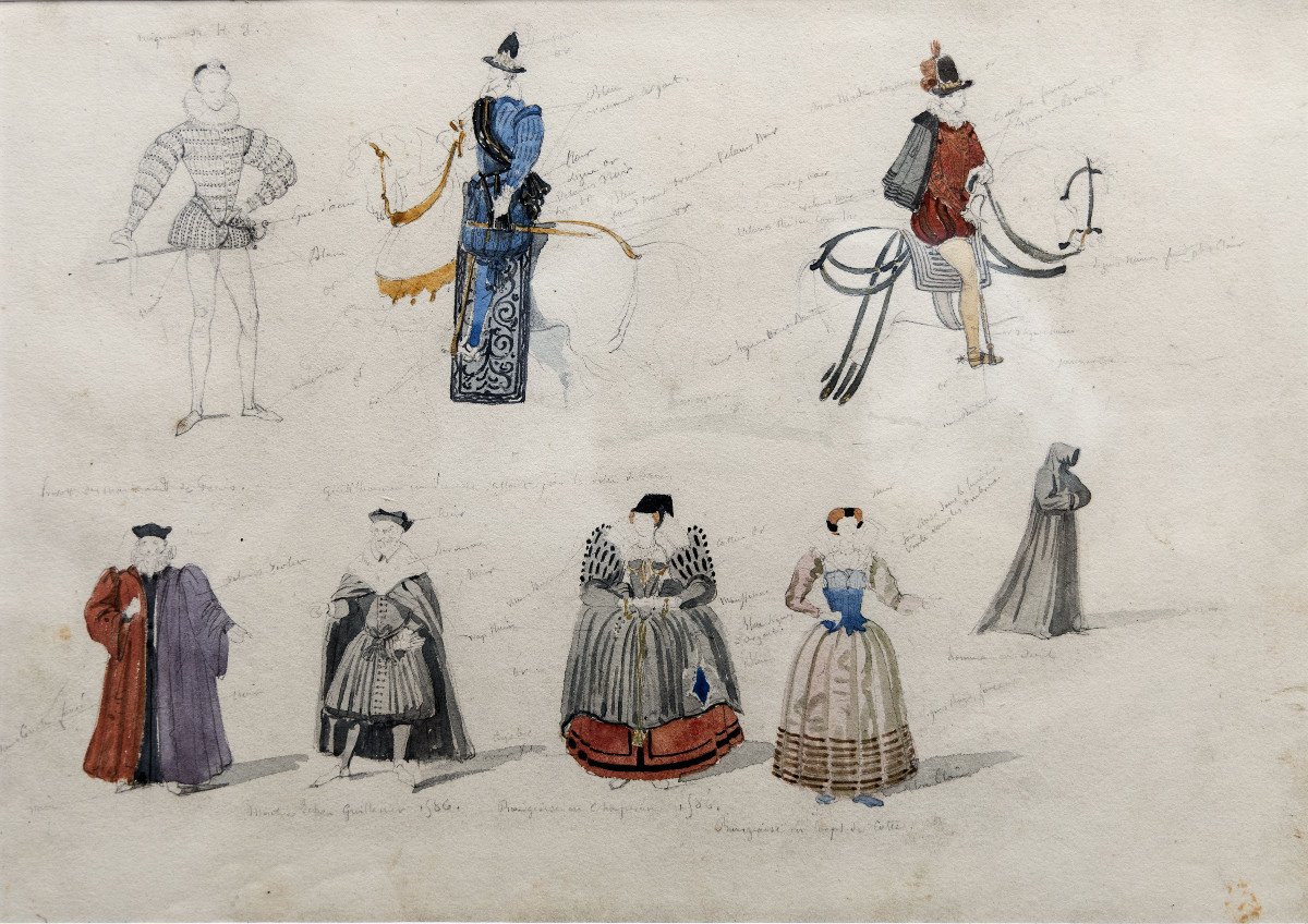 Delaroche Paul – Personnages Costumés – Dessins Aquarellés, Feuille 1 – Circa 1830 - Monogrammé