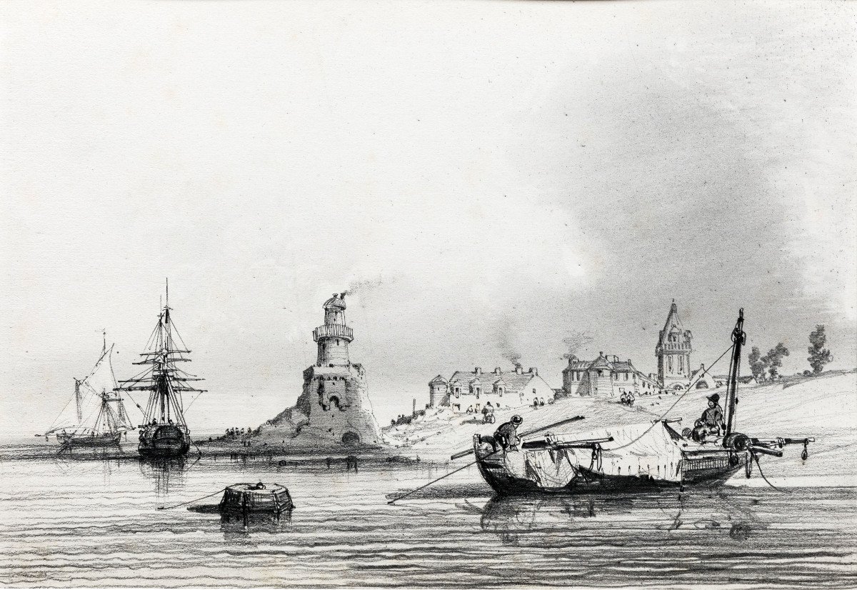 Marine – Noël Jules – Bateaux Au Port – Dessin à La Mine De Plomb – Circa 1847