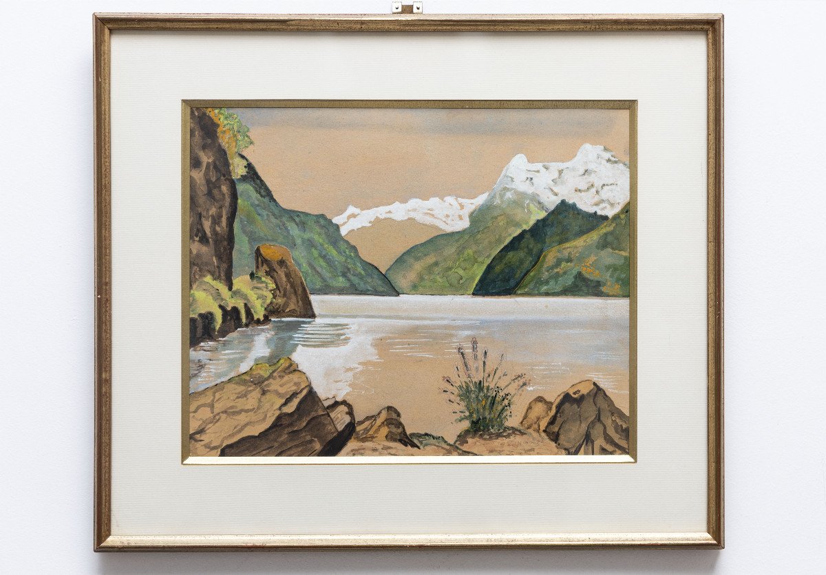 Zingg Jules-emile – Lac De Montagne -  Gouache – Signé Et Daté-photo-2