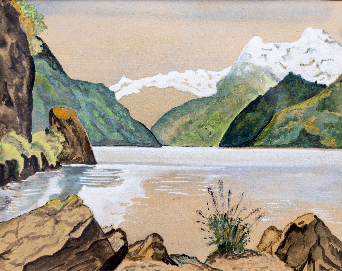 Zingg Jules-emile – Lac De Montagne -  Gouache – Signé Et Daté