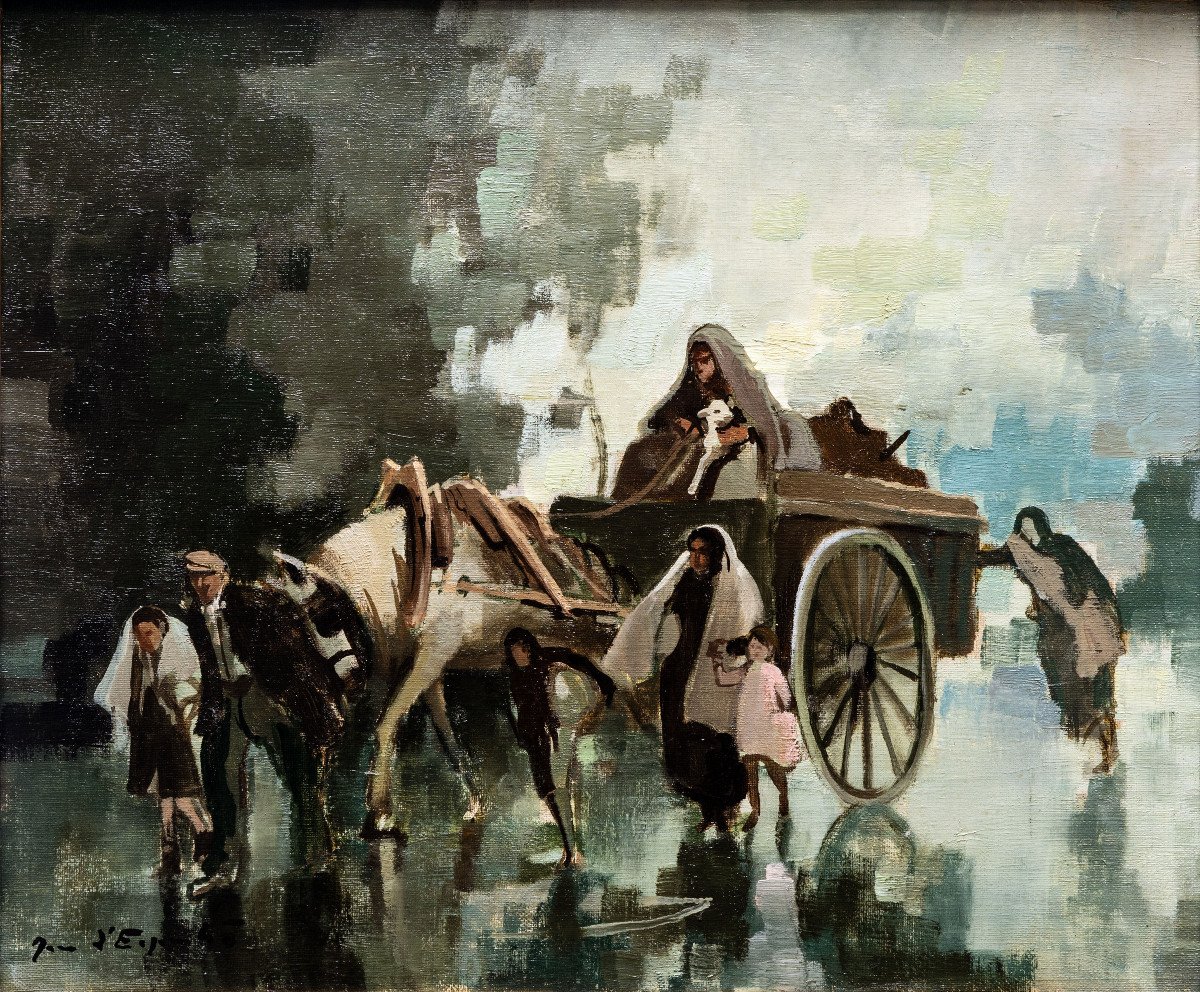 D’esparbes Jean – Les Réfugiés – Huile Sur Toile - Signé