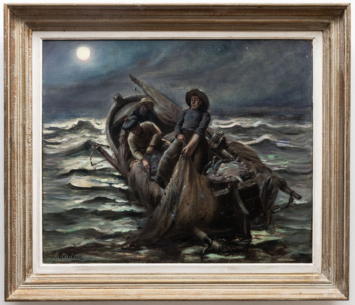 Pêcheurs Sous La Lune – Huile Sur Toile – XXe S-photo-2