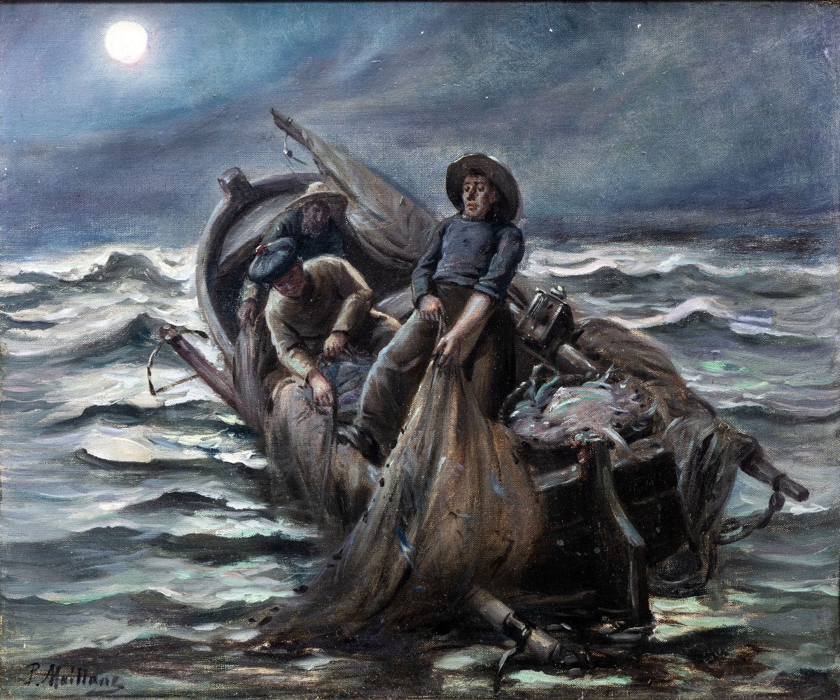 Pêcheurs Sous La Lune – Huile Sur Toile – XXe S