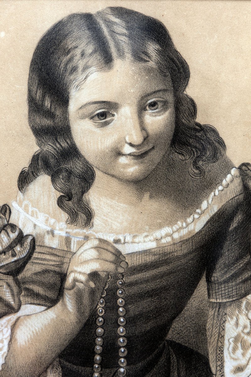 Jeune Fille Au Collier De Perles – Circa 1850 - Signé-photo-3