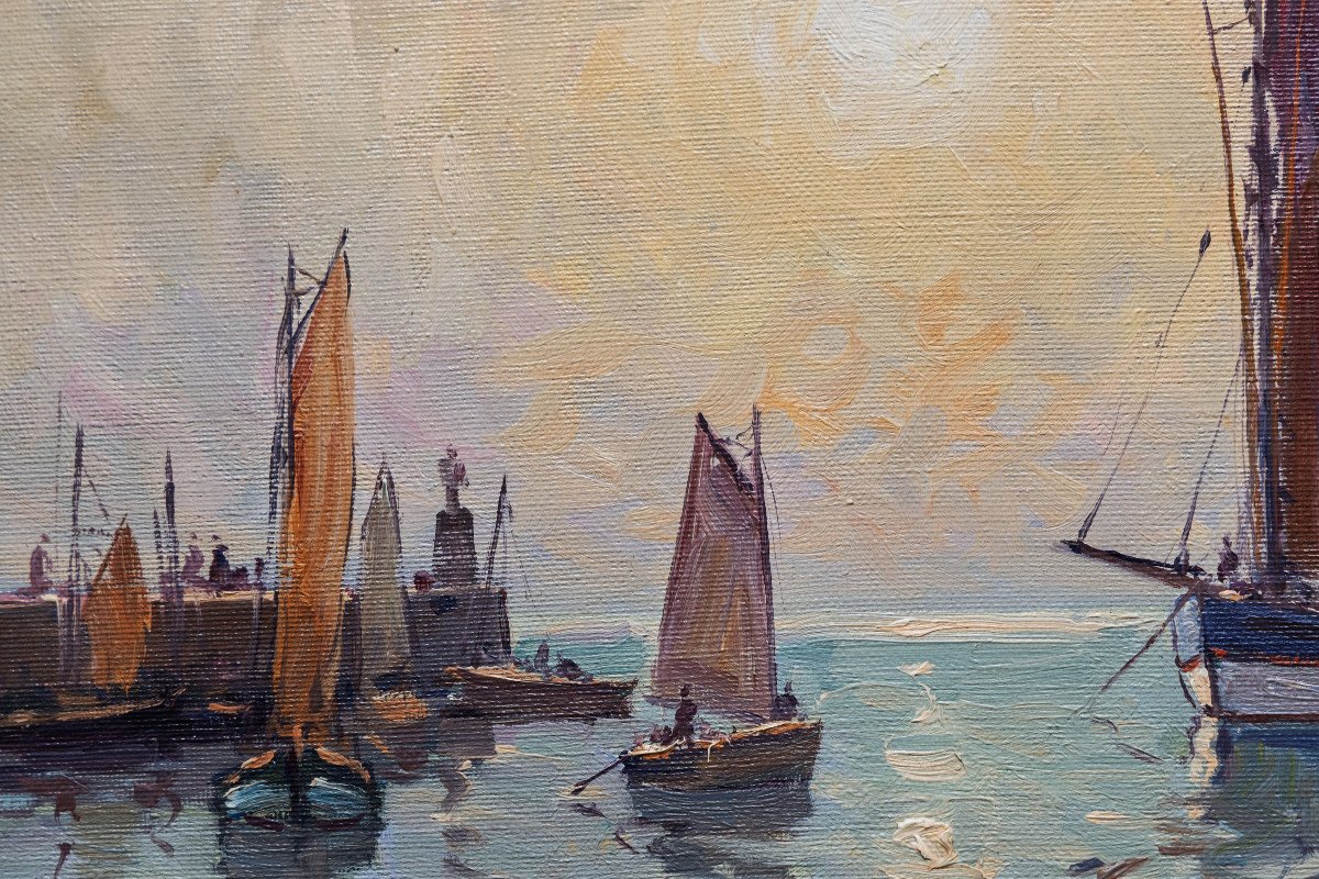 Demester Eugene - Bretagne - Retour De Pêche Au Soleil Couchant – Huile Sur Toile - Signé-photo-3