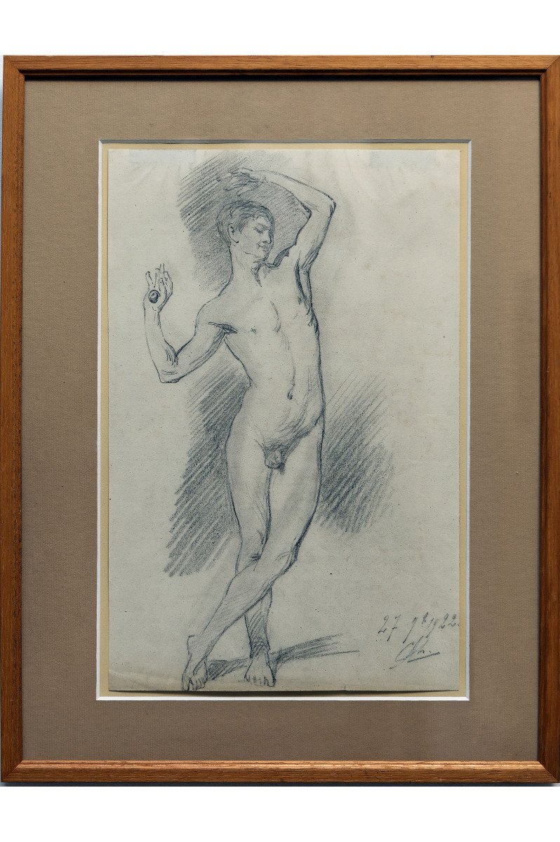 Agard Charles Jean – Academy: Male Nude With Raised Arms – Signed And Dated-photo-3