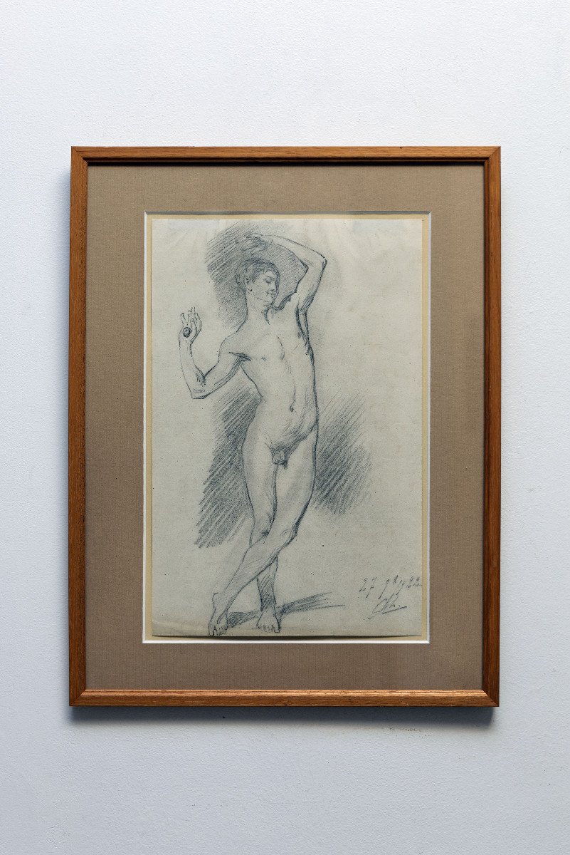 Agard Charles Jean – Academy: Male Nude With Raised Arms – Signed And Dated-photo-3