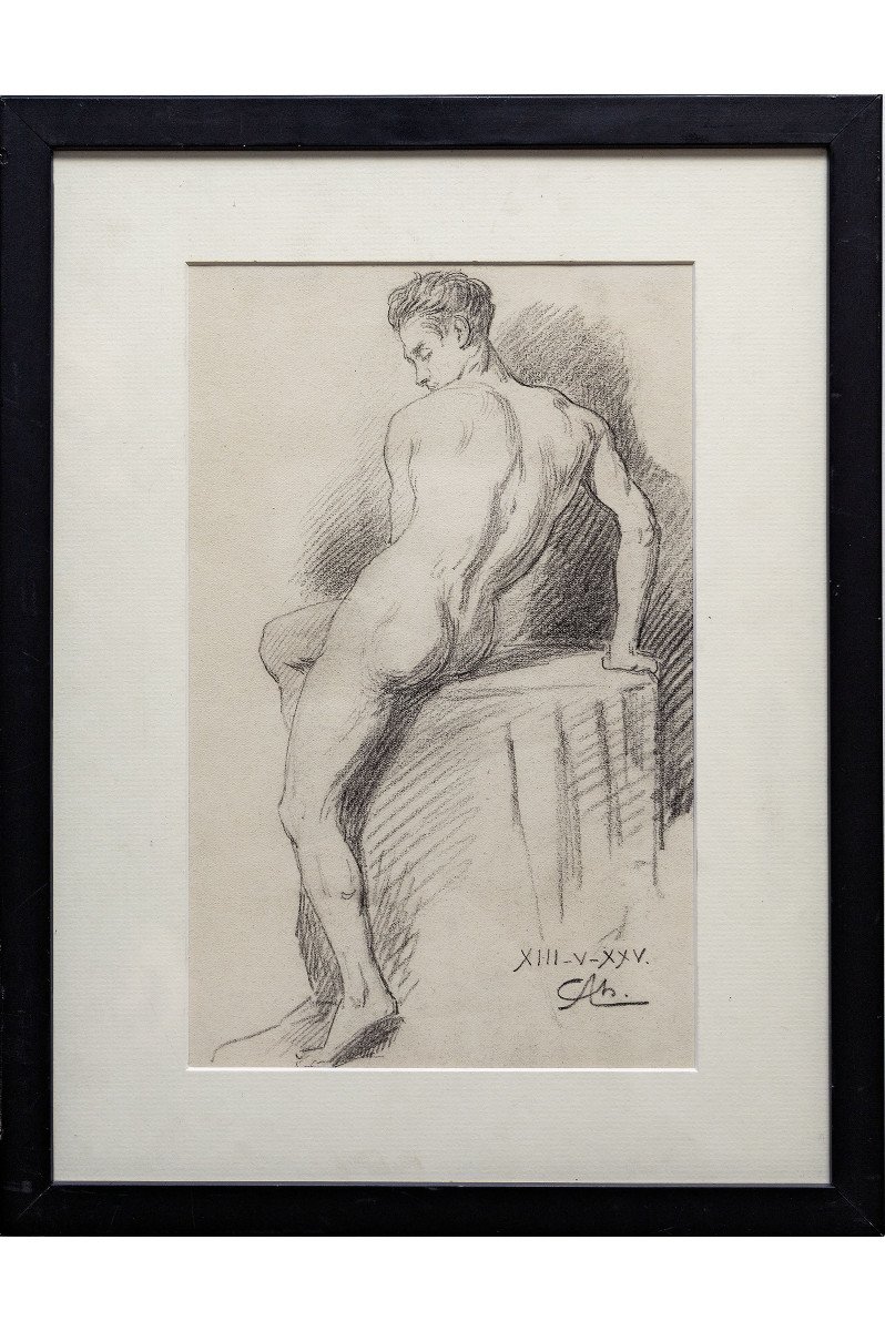 Agard Charles Jean – Academy: Male Nude Seated From Behind – Signed And Dated-photo-2