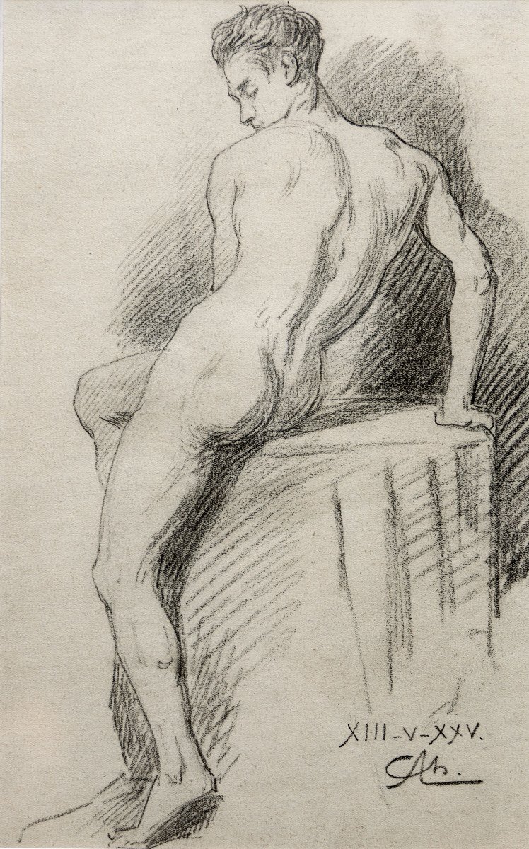 Agard Charles Jean – Academy: Male Nude Seated From Behind – Signed And Dated