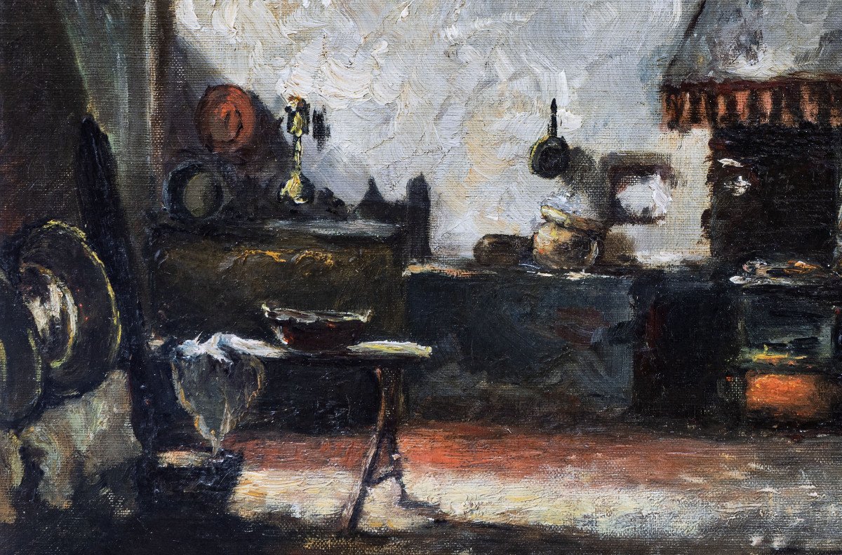 Country Interior – Oil On Canvas – Signed – Circa 1940-photo-1