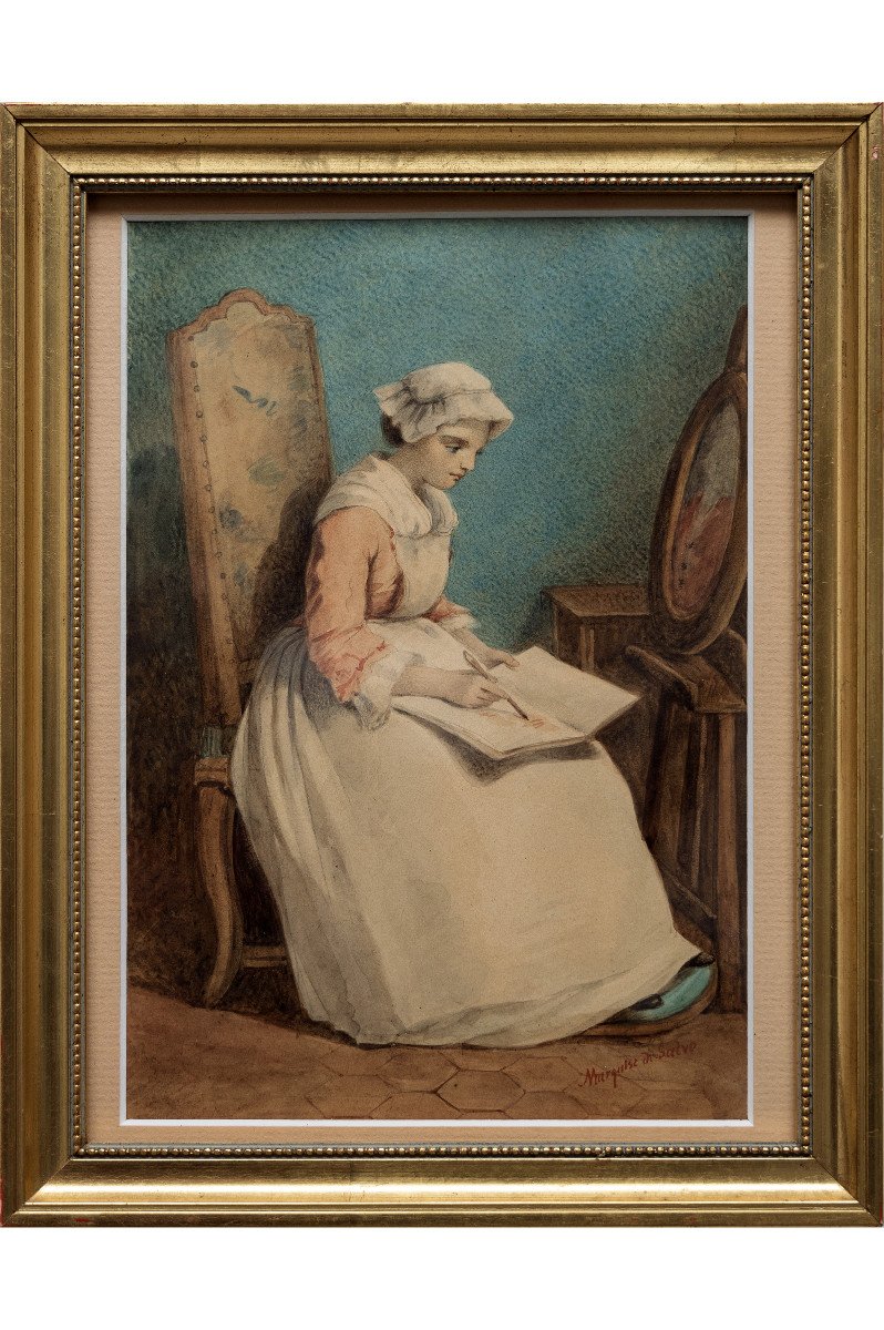 Di Salvo Marquise – Young Girl Drawing – Watercolor – Signed – 19th C.-photo-2