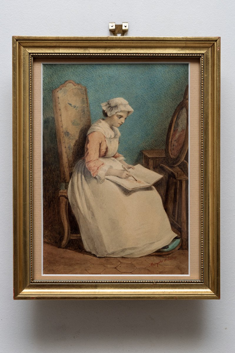 Di Salvo Marquise – Young Girl Drawing – Watercolor – Signed – 19th C.-photo-4