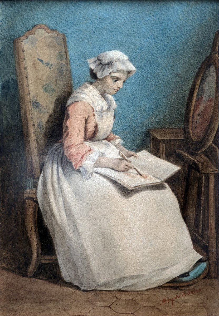 Di Salvo Marquise – Young Girl Drawing – Watercolor – Signed – 19th C.