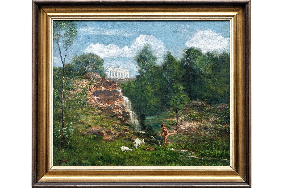 Paysage Bucolique Animé – Scène à L’antique -  Huile Sur Toile – Début XXe S.-photo-2