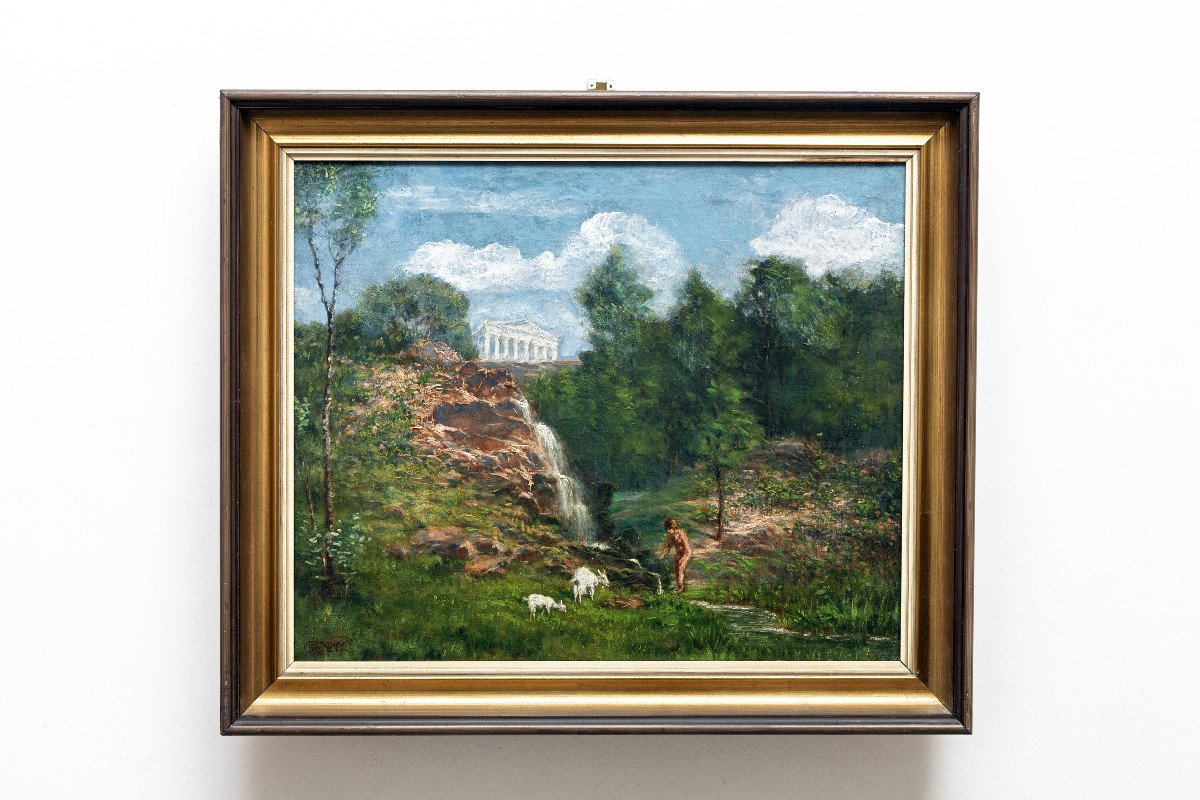 Animated Bucolic Landscape – Antique Scene – Oil On Canvas – Early 20th Century-photo-4