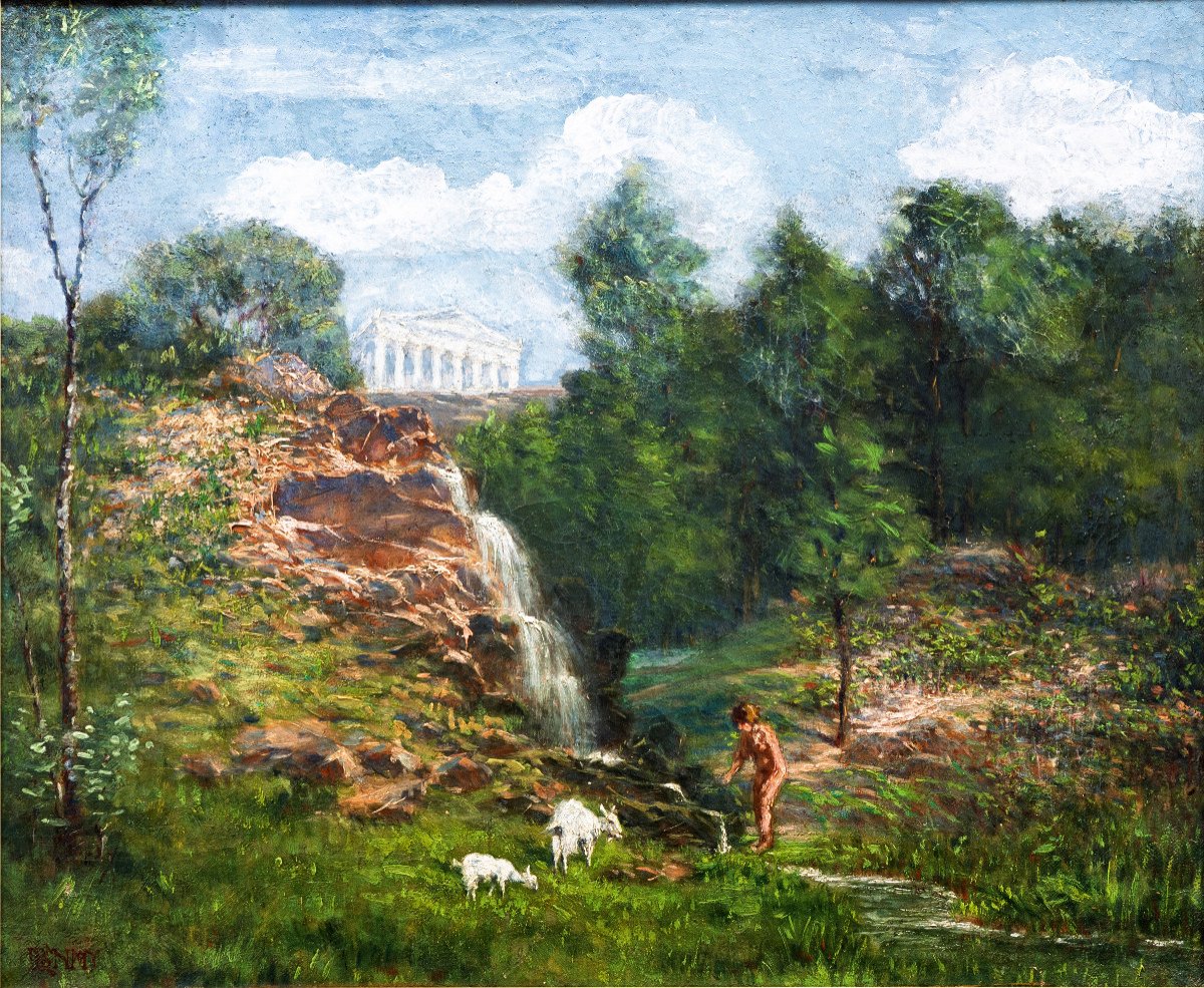 Paysage Bucolique Animé – Scène à L’antique -  Huile Sur Toile – Début XXe S.