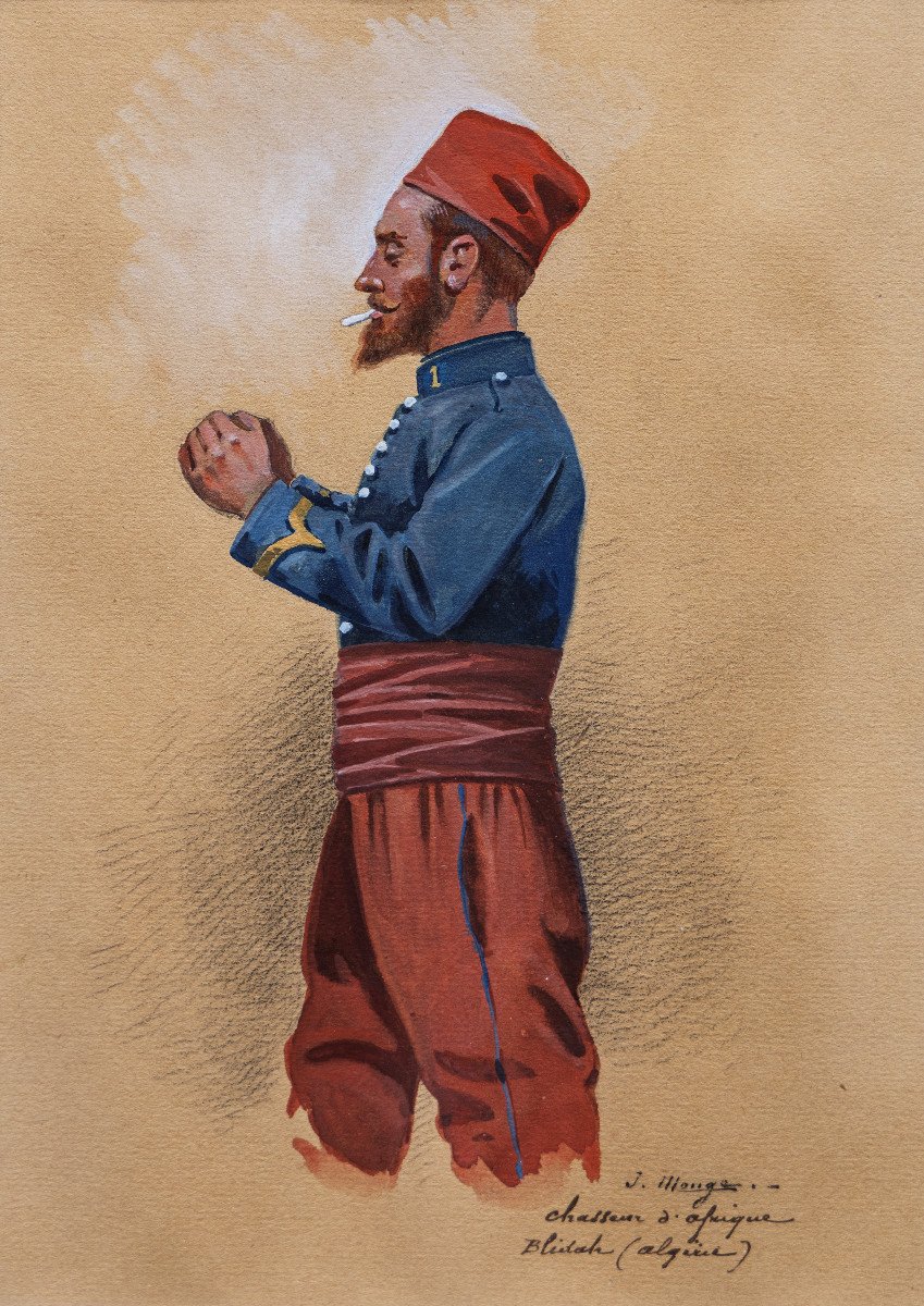 Orientalism - Monge Jules - French Colonial Soldier In Algeria - Gouache - Signed