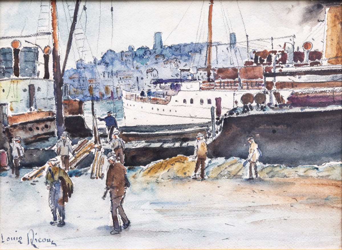 Scènes De Port Animées – Paire D’aquarelles – Signées Louis Ricon  - XXe S.-photo-2