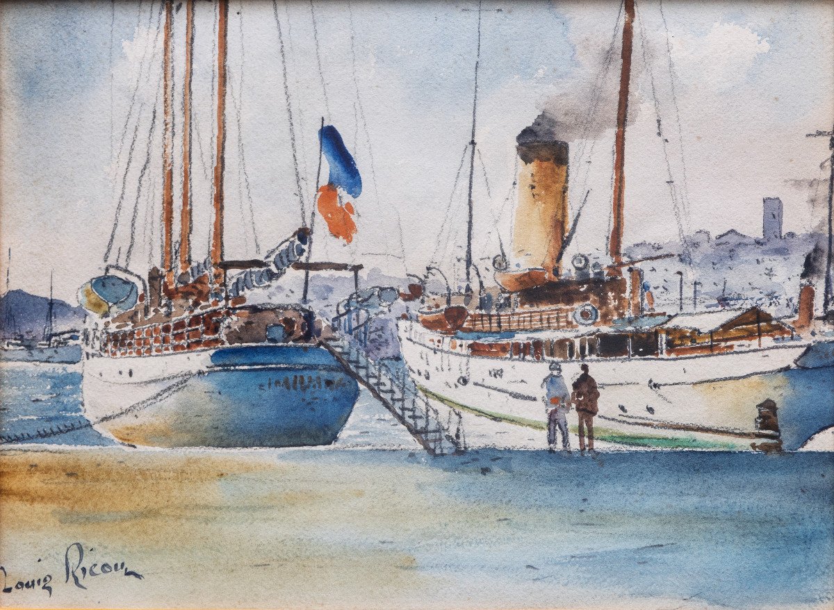 Scènes De Port Animées – Paire D’aquarelles – Signées Louis Ricon  - XXe S.-photo-3