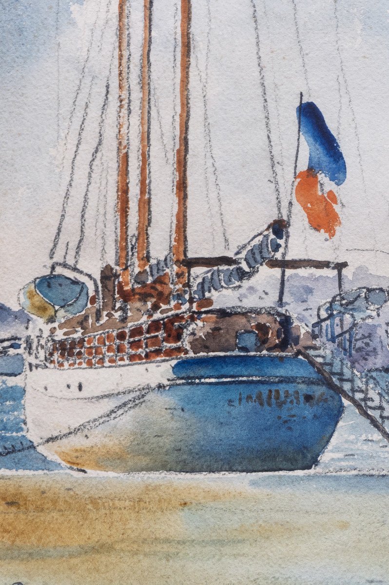 Scènes De Port Animées – Paire D’aquarelles – Signées Louis Ricon  - XXe S.-photo-1