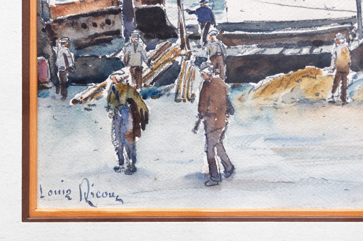 Scènes De Port Animées – Paire D’aquarelles – Signées Louis Ricon  - XXe S.-photo-4