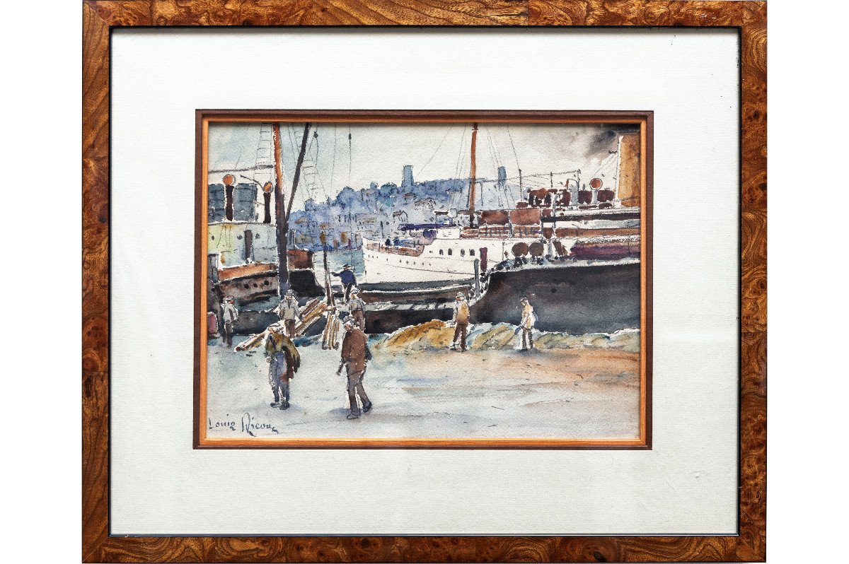 Scènes De Port Animées – Paire D’aquarelles – Signées Louis Ricon  - XXe S.-photo-6