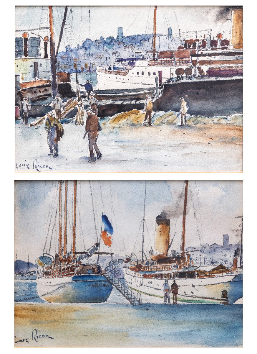 Scènes De Port Animées – Paire D’aquarelles – Signées Louis Ricon  - XXe S.