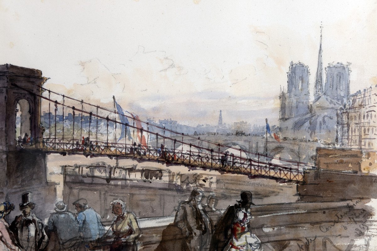 Preziosi Amadeo (1816 – 1882) – Paris, Pont De Constantine – Watercolor – Located And Dated-photo-1