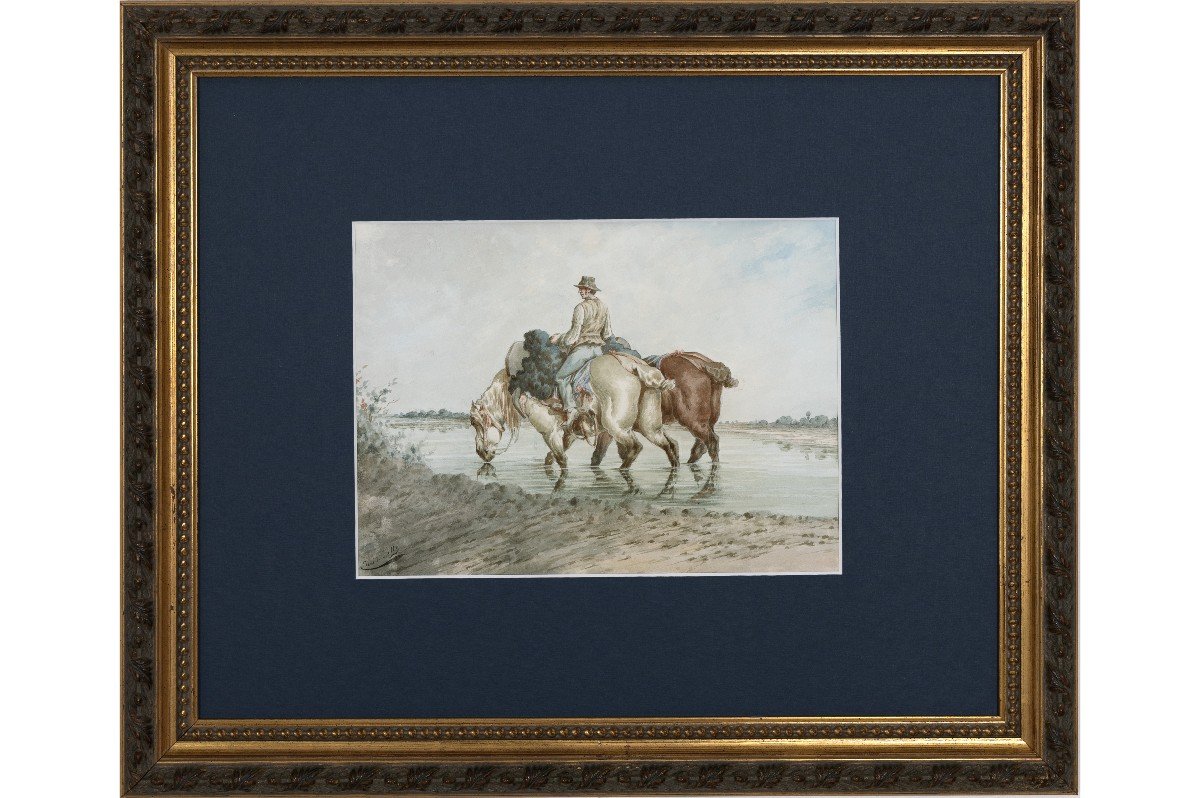 Jolly Emile – Man Driving 2 Horses Into Water – Watercolor – Circa 1880 - Signed  -photo-2