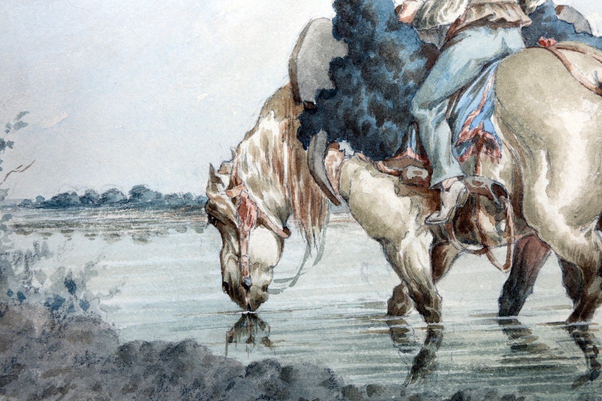 Jolly Emile – Man Driving 2 Horses Into Water – Watercolor – Circa 1880 - Signed  -photo-1