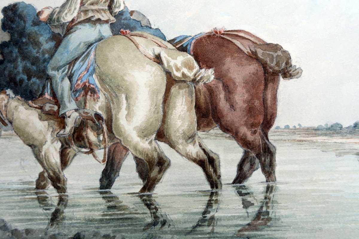 Jolly Emile – Man Driving 2 Horses Into Water – Watercolor – Circa 1880 - Signed  -photo-3